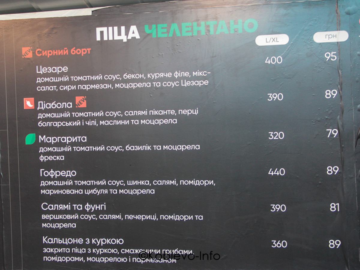 Меню в пиццерии Челентано в Коблево